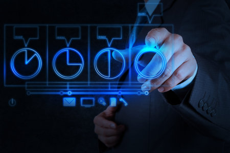 businessman hand pointing a pie chart on touch screen interface