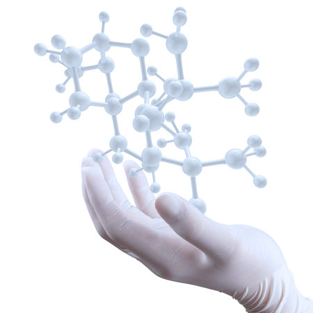 scientist doctor hand holds virtual molecular structure in the lab