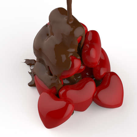 close up chocolate syrup leaking over heart shape symbol on white backgroundの写真素材