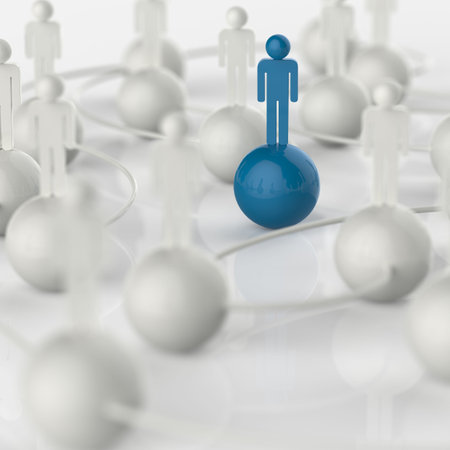 3d white and blue and red human social network and leadership as concept