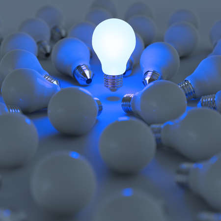 3d growing light bulb standing out from the unlit incandescent bulbs as leadership concept