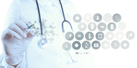 scientist doctor hand draws virtual molecular structure in the labの写真素材