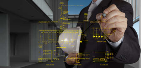 engineer draws an electronic single line schematic diagramの写真素材