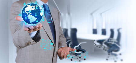 businessman working with new modern computer show social network structureの写真素材