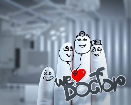 A lovely family hand drawn and finger,doctor and nurse,we love doctor conceptの写真素材