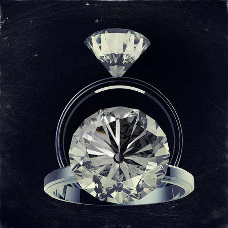3d rendering of diamond rings on black surface as vintage styleの写真素材