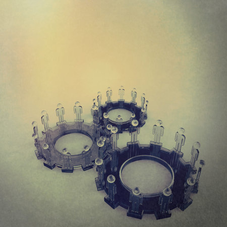 Model of 3d figures on connected cogs as vintage style conceptの写真素材
