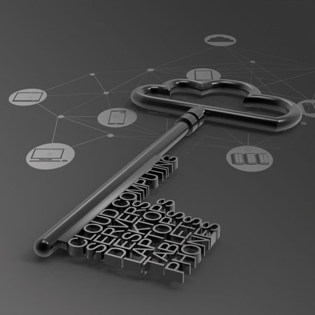 Cloud computing diagram with metallic cloud and the key as concept