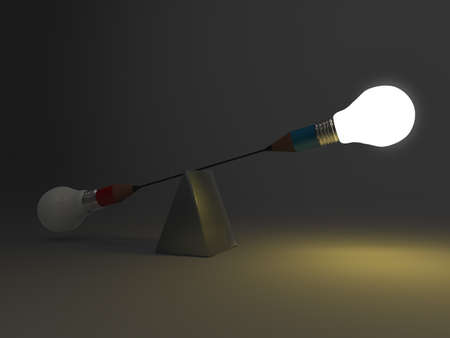 false balance of pencil lightbulb as conceptの写真素材
