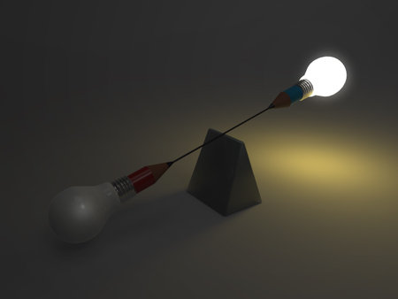 false balance of pencil lightbulb as conceptの写真素材