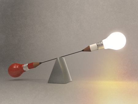 false balance of pencil lightbulb as vintage style conceptの写真素材