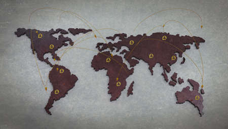 social network human 3d on world map as vintage style conceptの写真素材