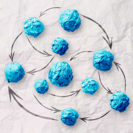 crumpled paper as social network structure on wrinkled paper creative concept の写真素材