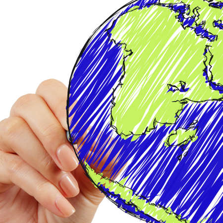 female hand drawing earth as conceptの写真素材