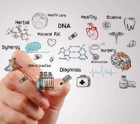 doctor hand working with modern computer interface as medical conceptの写真素材