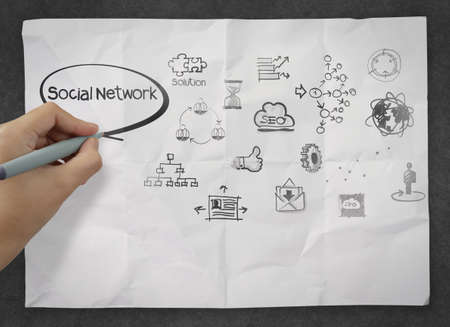 hand drawing social media icon on crumpled paper as conceptの写真素材