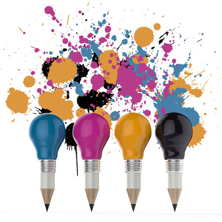 pencil lightbulb head in cmyk color as creative design concept on splash colors backgroundの写真素材