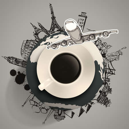 3d cup of coffee traveling around the world as conceptの写真素材