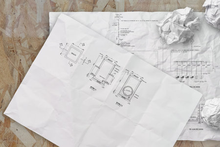 electronic single line and fire alarm riser schematic diagram on crunpled paper