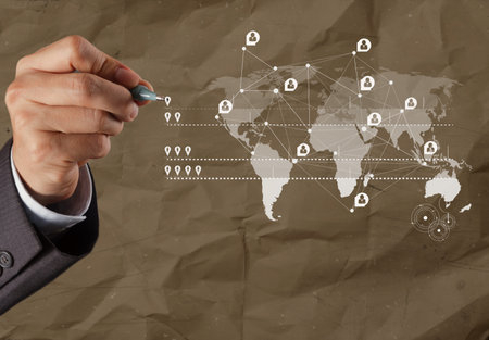 hand drawing diagram of social network structure with crumpled recycle paper background  as conceptの写真素材