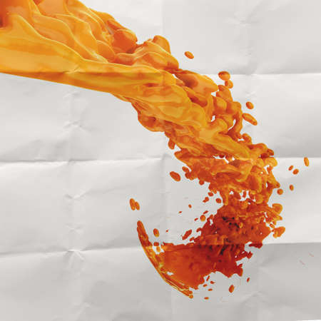 3D paint orange color splash on crumpled paper backgroundの写真素材