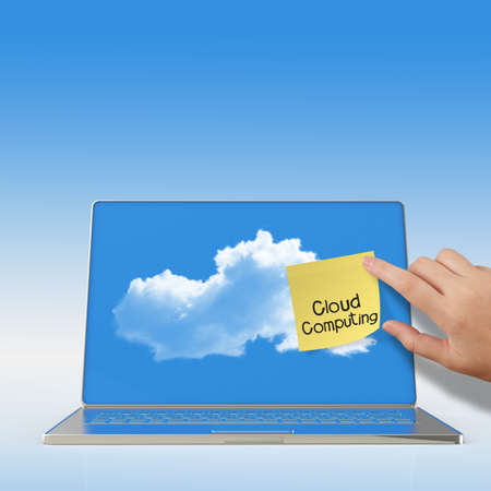 Cloud Computing words on sticky note with laptop computer as conceptの写真素材