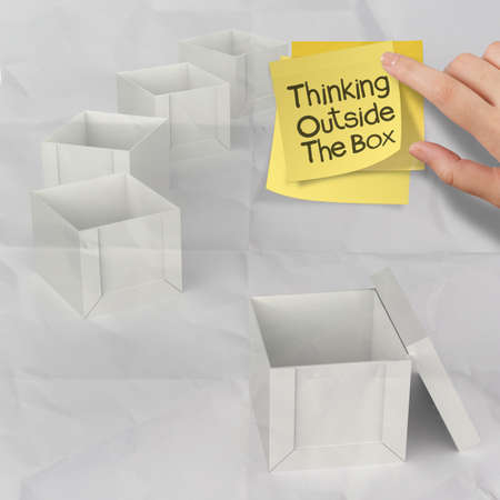 thinking outside the box on crumpled sticky note paper as conceptの写真素材
