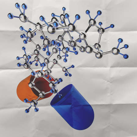 medical capsule and molecule structure on crumpled paper as conceptの写真素材