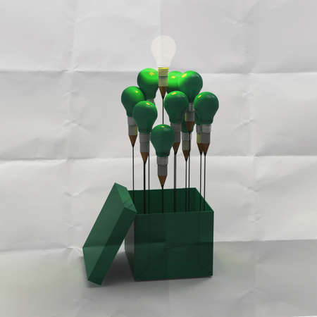 drawing idea pencil and light bulb concept outside the box as creative on crumpled paperの写真素材