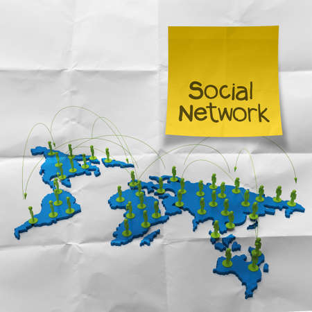 sticky note social network 3d stainless human social network on crumpled paper as conceptの写真素材