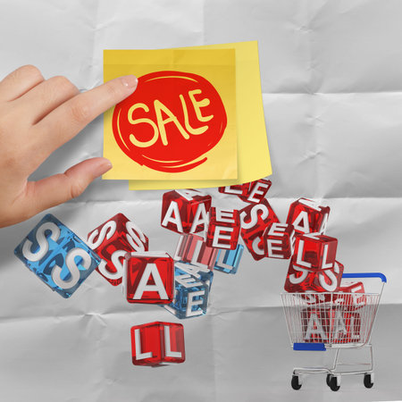 sticky note with sale word and 3d shopping cart sale on crumpled paper background as conceptの写真素材