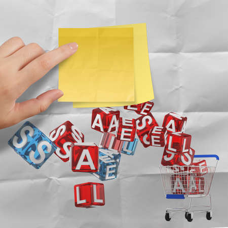 sticky note with sale word and 3d shopping cart sale on crumpled paper background as conceptの写真素材