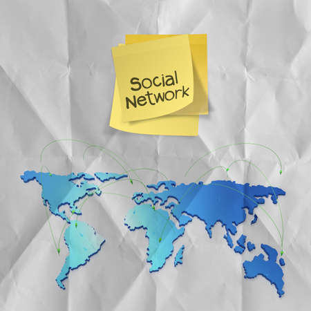 sticky note with crumpled paper as social network structure concept on wrinkled paper の写真素材