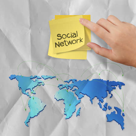 sticky note with crumpled paper as social network structure concept on wrinkled paper の写真素材