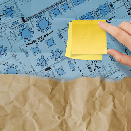  great job word with sticky note on construction site and layout plan crumpled paper recycle envelopeの写真素材