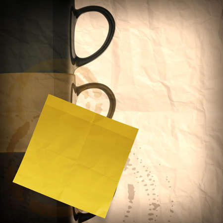 Coffee mug 3d and sticky note on recycle crumpled paper backgroundの写真素材