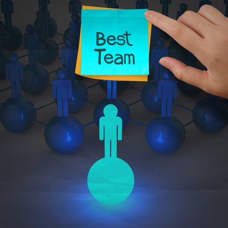 sticky note and best team word 3d human social network on crumpled paper background as concept
