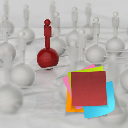sticky note 3d human social network on crumpled paper background as conceptの写真素材