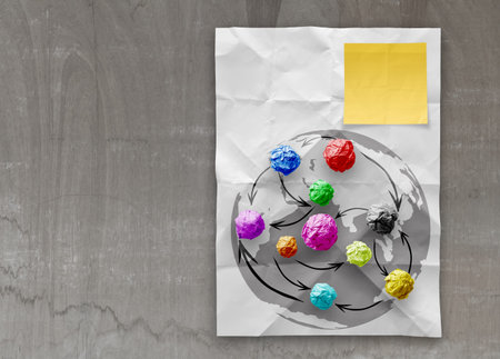 colors crumpled paper as social network structure on wrinkled paper creative conceptの写真素材