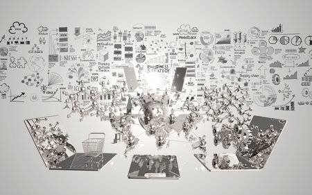 world of media network 3d and hand drawn business strategy as cocnept