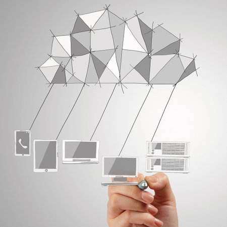 close up of  hand drawing Cloud Computing diagram on the new computer interface as concept