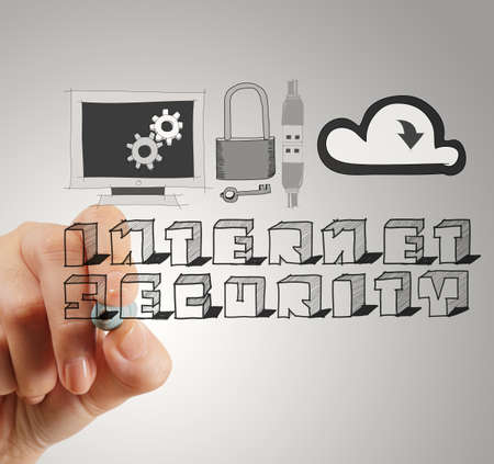 close up of hand drawing Internet security online business as concept の写真素材