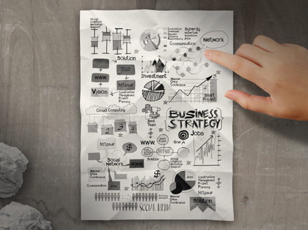hand piont business strategy on crumpled paper background as concept