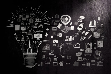 hand drawn business strategy on dark texture background as conceptの写真素材