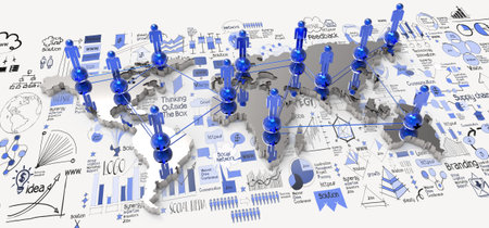 social network 3d on world map and hand drawn business strategy as conceptの写真素材