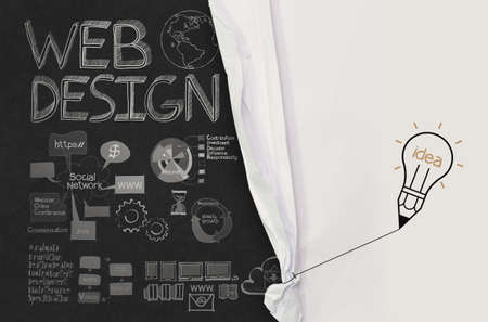 pencil lightbulb draw rope open wrinkled paper show web design hand drawn icons as conceptの写真素材