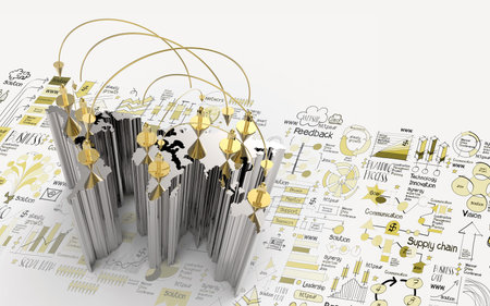 social network 3d on world map and hand drawn business strategy as conceptの写真素材