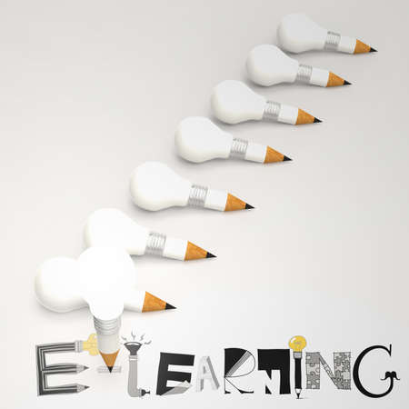 design graphic hand drawn E-LEARNING word and pencil lightbulb 3d as conceptの写真素材