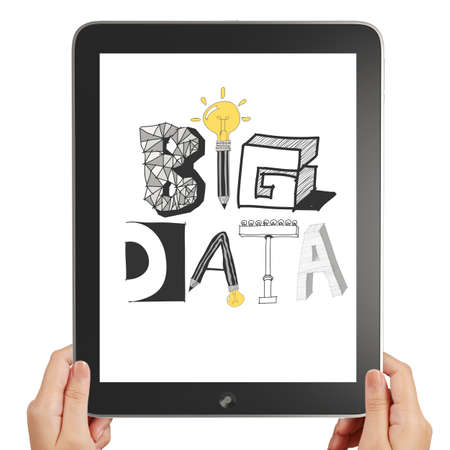 Hnad hold black tablet pc computer with hand drawn text BIG DATA on displayの写真素材