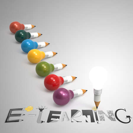 design graphic hand drawn E-LEARNING word and pencil lightbulb 3d as conceptの写真素材